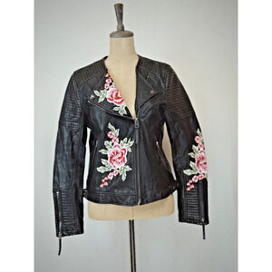 Top Shop Black Faux Leather Embroidered Moto Jacket Womens 10 / Medium #1-0166